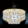 Golden Three Stone White Sapphire Wedding Ring Set - 18K Gold Plated Sterling Silver