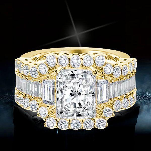 Golden Three Stone White Sapphire Wedding Ring Set - 18K Gold Plated Sterling Silver