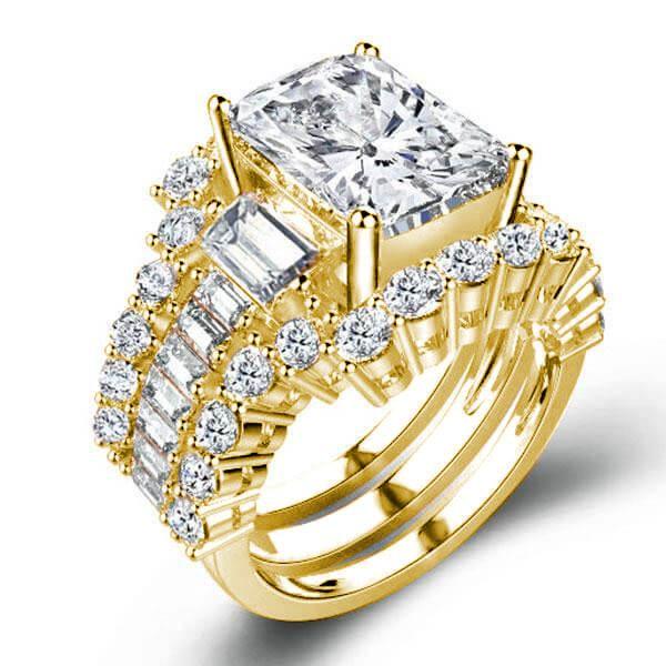 Golden Three Stone White Sapphire Wedding Ring Set - 18K Gold Plated Sterling Silver
