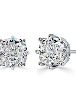 8 Prong Cushion Cut Single Stone Stud Earrings in Rhodium Plated Sterling Silver