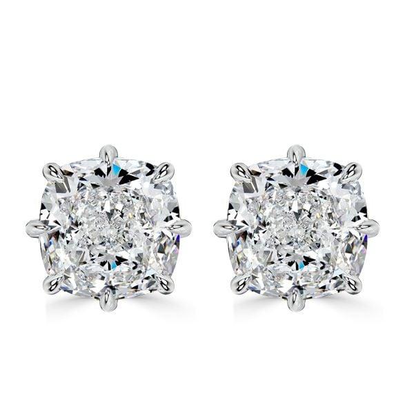 8 Prong Cushion Cut Single Stone Stud Earrings in Rhodium Plated Sterling Silver
