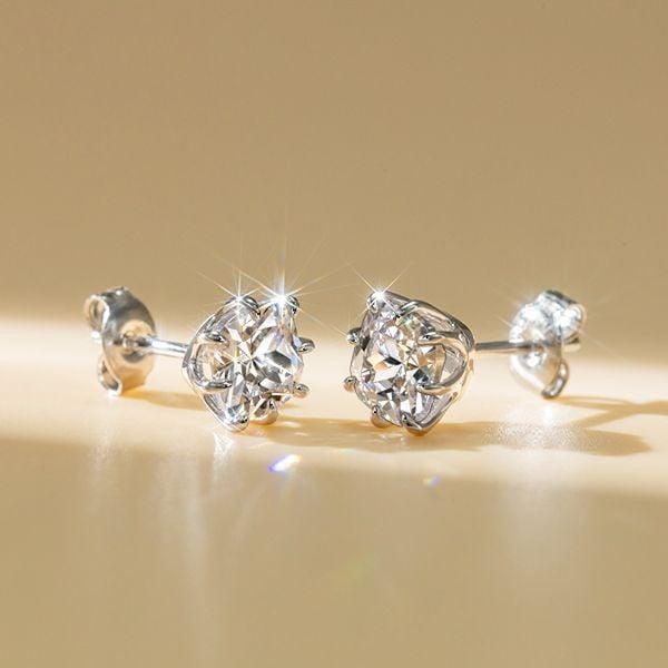 8 Prong Cushion Cut Single Stone Stud Earrings in Rhodium Plated Sterling Silver