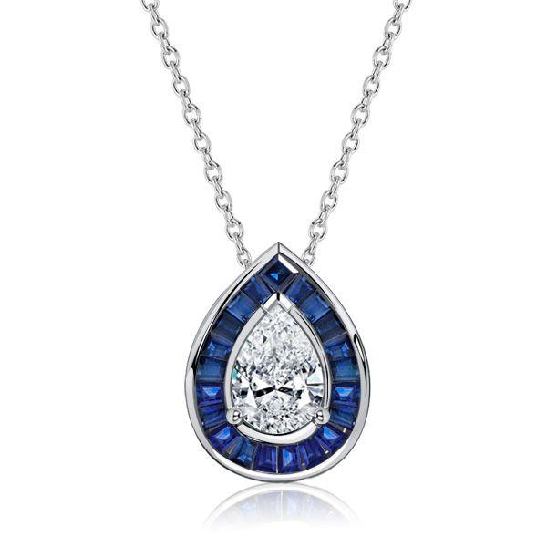 Pear Cut Blue Sapphire Halo Pendant Necklace in Sterling Silver