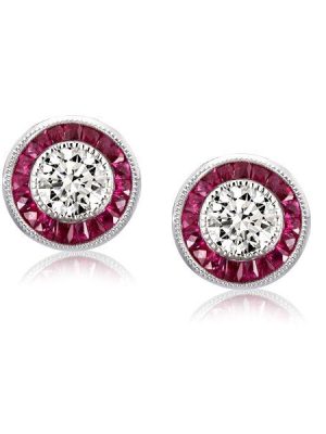 Garnet Halo Stud Earrings - Round Cut - 925 Sterling Silver