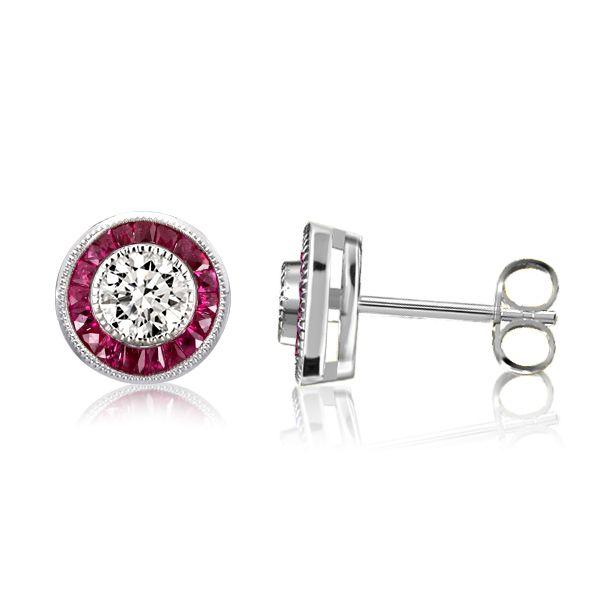 Garnet Halo Stud Earrings - Round Cut - 925 Sterling Silver