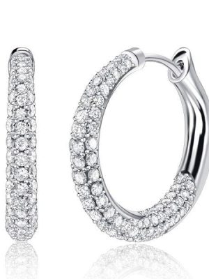 Chunky Pave Setting Hoop Earrings in Rhodium-Plated 925 Sterling Silver