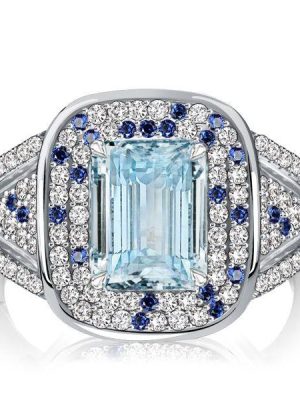 Emerald Cut Aquamarine Cocktail Ring - Micro Pave Sterling Silver