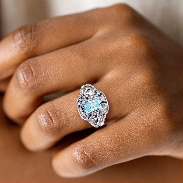 Emerald Cut Aquamarine Cocktail Ring - Micro Pave Sterling Silver