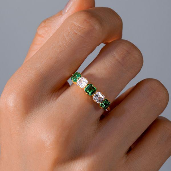Asscher Cut Green Emerald Half Eternity Band in 18K Gold Plated Sterling Silver