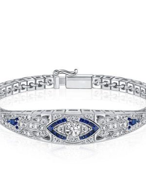 Art Deco Sterling Silver Tennis Bracelet with Simulated Diamonds - 6-9 Inches