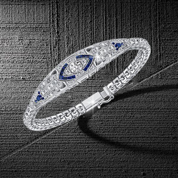 Art Deco Sterling Silver Tennis Bracelet with Simulated Diamonds - 6-9 Inches