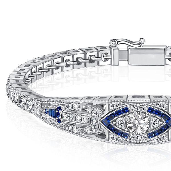 Art Deco Sterling Silver Tennis Bracelet with Simulated Diamonds - 6-9 Inches