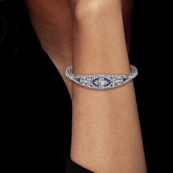 Art Deco Sterling Silver Tennis Bracelet with Simulated Diamonds - 6-9 Inches