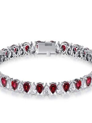 Women's Pear Cut White and Ruby Tennis Bracelet in Rhodium-Plated 925 Sterling Silver