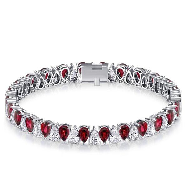Women's Pear Cut White and Ruby Tennis Bracelet in Rhodium-Plated 925 Sterling Silver