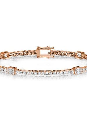 Rose Gold Plated Sterling Silver Round & Baguette Cut CZ Tennis Bracelet for Women