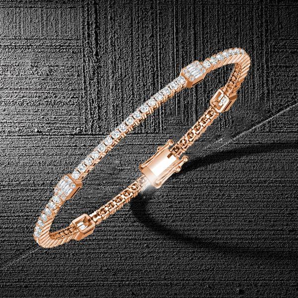 Rose Gold Plated Sterling Silver Round & Baguette Cut CZ Tennis Bracelet for Women