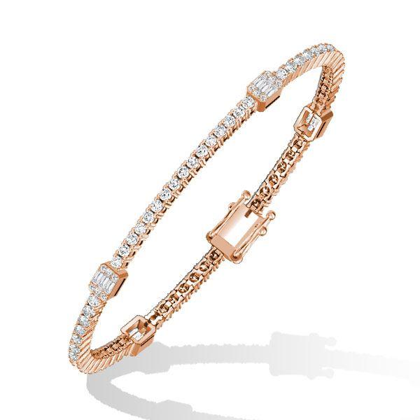 Rose Gold Plated Sterling Silver Round & Baguette Cut CZ Tennis Bracelet for Women
