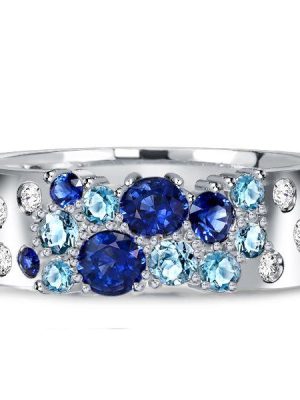 Blue Sapphire Wedding Band Ring, Round Cut, Sterling Silver