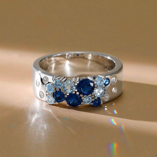 Blue Sapphire Wedding Band Ring, Round Cut, Sterling Silver