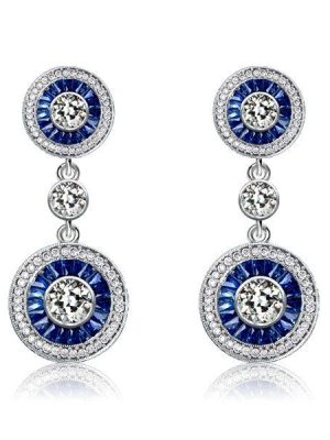 Blue Sapphire Halo Drop Earrings - 925 Sterling Silver Vintage Style