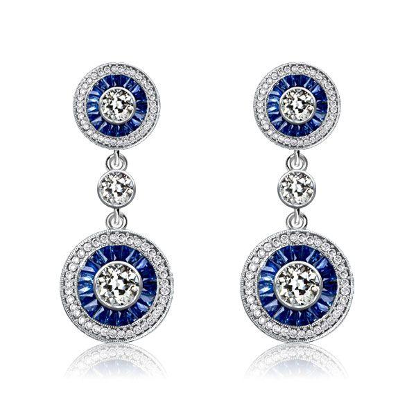 Blue Sapphire Halo Drop Earrings - 925 Sterling Silver Vintage Style