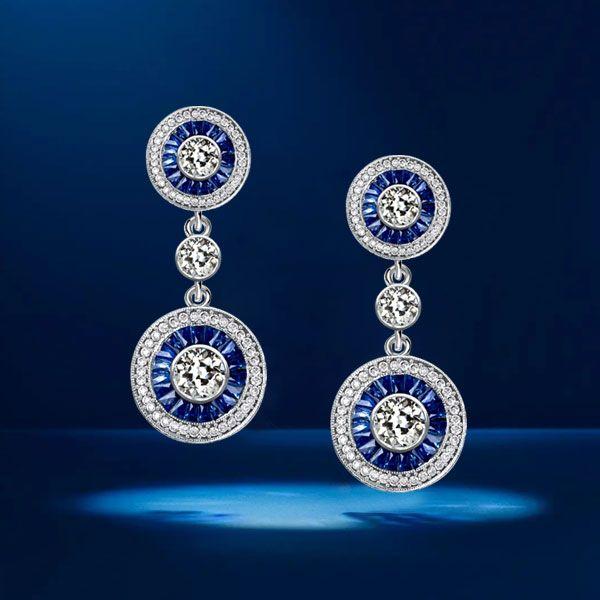 Blue Sapphire Halo Drop Earrings - 925 Sterling Silver Vintage Style