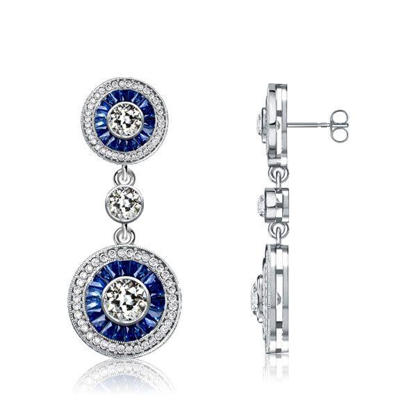 Blue Sapphire Halo Drop Earrings - 925 Sterling Silver Vintage Style