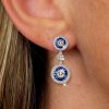 Blue Sapphire Halo Drop Earrings - 925 Sterling Silver Vintage Style