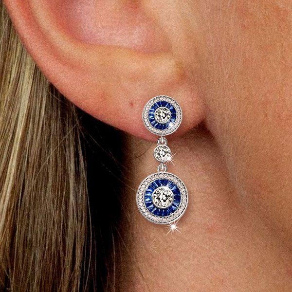 Blue Sapphire Halo Drop Earrings - 925 Sterling Silver Vintage Style