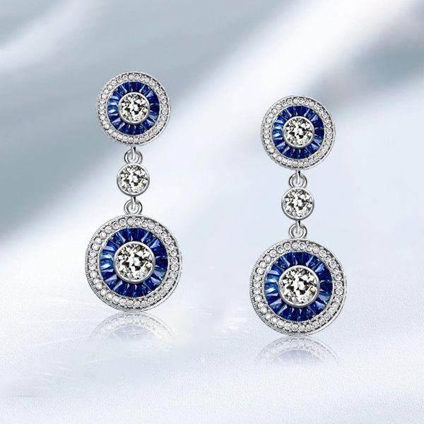 Blue Sapphire Halo Drop Earrings - 925 Sterling Silver Vintage Style