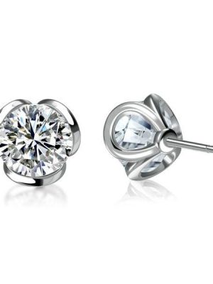Floral White Sapphire Stud Earrings for Women in 925 Sterling Silver