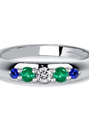 Emerald & Blue Sapphire 5-Stone Half Eternity Ring - Sterling Silver