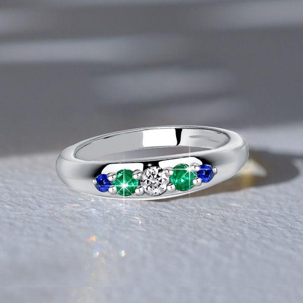 Emerald & Blue Sapphire 5-Stone Half Eternity Ring - Sterling Silver