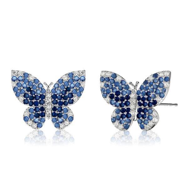 Blue Sapphire Butterfly Stud Earrings in Rhodium Plated 925 Sterling Silver