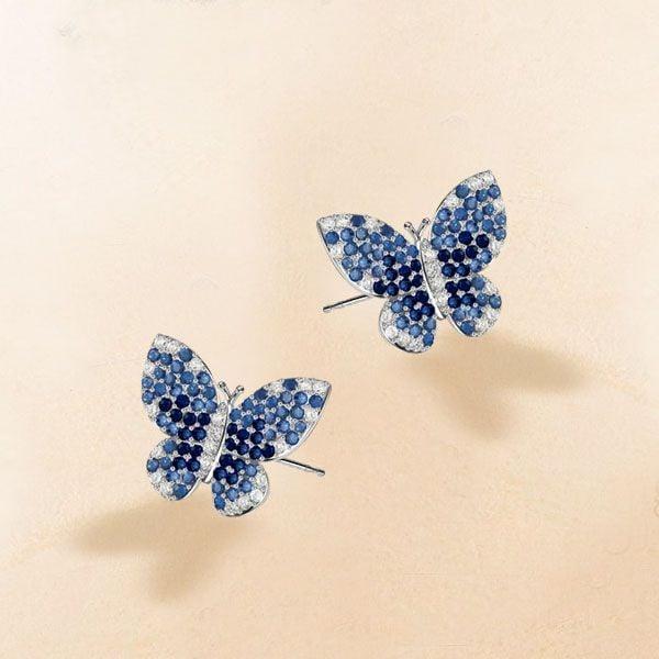 Blue Sapphire Butterfly Stud Earrings in Rhodium Plated 925 Sterling Silver