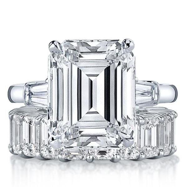 Emerald Cut Three Stone Bridal Set in Sterling Silver with Rhodium Finish