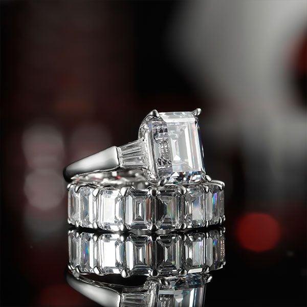 Emerald Cut Three Stone Bridal Set in Sterling Silver with Rhodium Finish