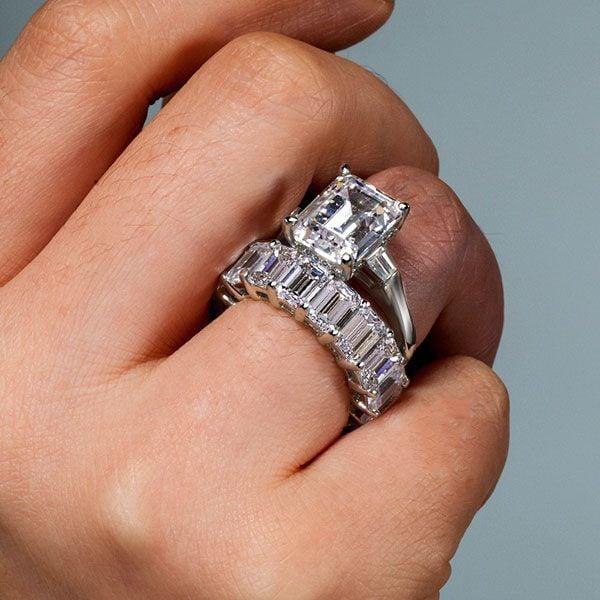 Emerald Cut Three Stone Bridal Set in Sterling Silver with Rhodium Finish