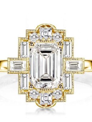 Emerald Cut Milgrain Vintage Engagement Ring | 1.75 CT Center Stone | 18K Gold Plated Silver