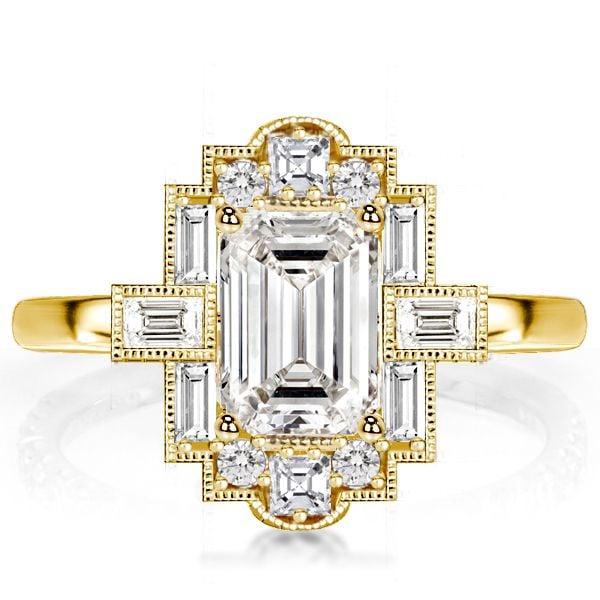 Emerald Cut Milgrain Vintage Engagement Ring | 1.75 CT Center Stone | 18K Gold Plated Silver