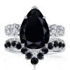Pear Cut Black Sapphire Bridal Set - Sterling Silver Black Wedding Rings