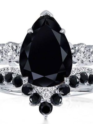 Pear Cut Black Sapphire Bridal Set - Sterling Silver Black Wedding Rings