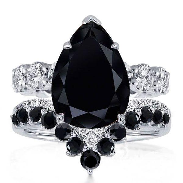Pear Cut Black Sapphire Bridal Set - Sterling Silver Black Wedding Rings
