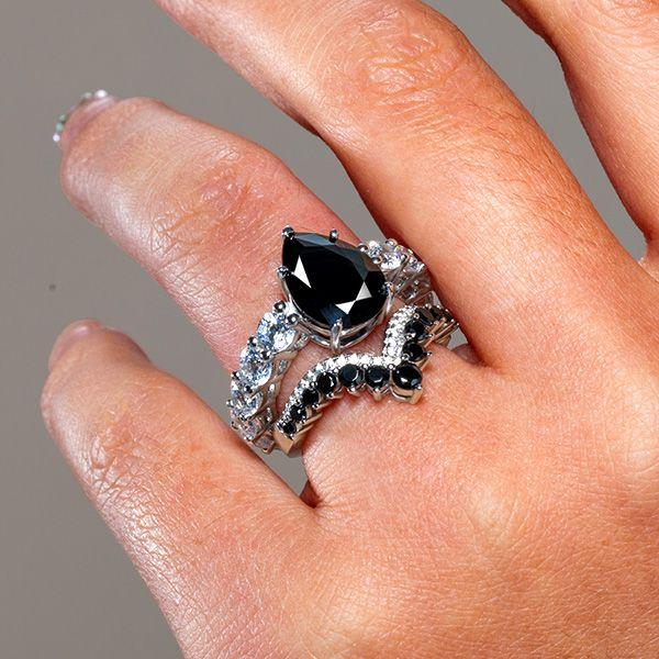 Pear Cut Black Sapphire Bridal Set - Sterling Silver Black Wedding Rings