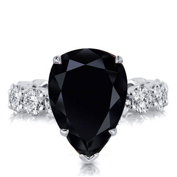Pear Cut Black Sapphire Bridal Set - Sterling Silver Black Wedding Rings