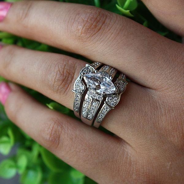 Marquise Created White Sapphire Sterling Silver 3-Piece Wedding Set