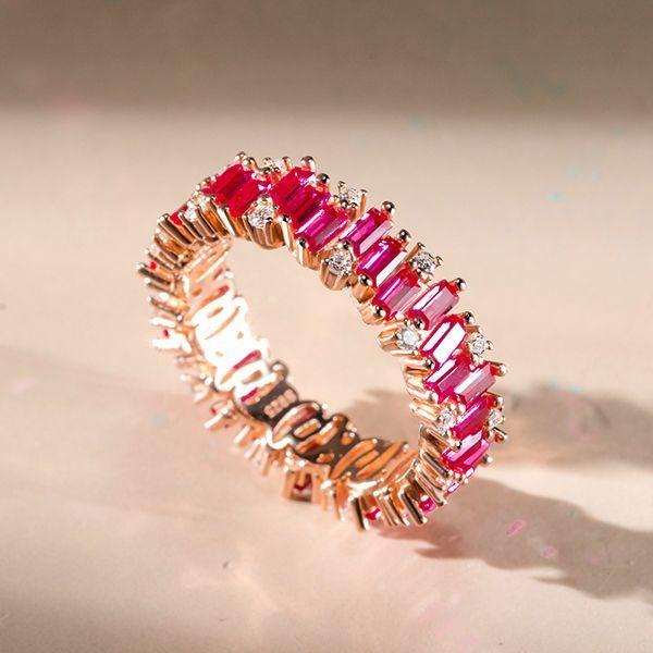 Rose Gold Plated Sterling Silver Baguette Ruby Eternity Band - Wedding Ring