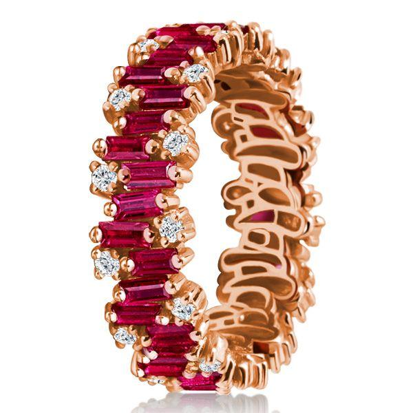 Rose Gold Plated Sterling Silver Baguette Ruby Eternity Band - Wedding Ring