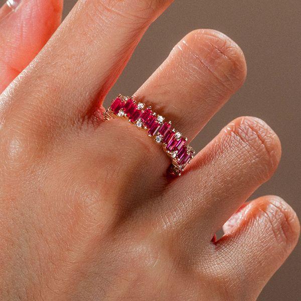 Rose Gold Plated Sterling Silver Baguette Ruby Eternity Band - Wedding Ring